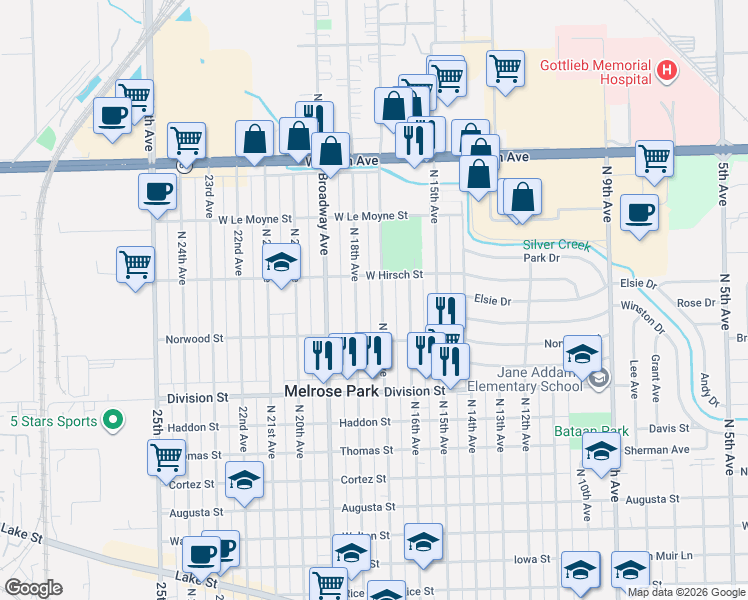 map of restaurants, bars, coffee shops, grocery stores, and more near 1644 North 17th Avenue in Melrose Park