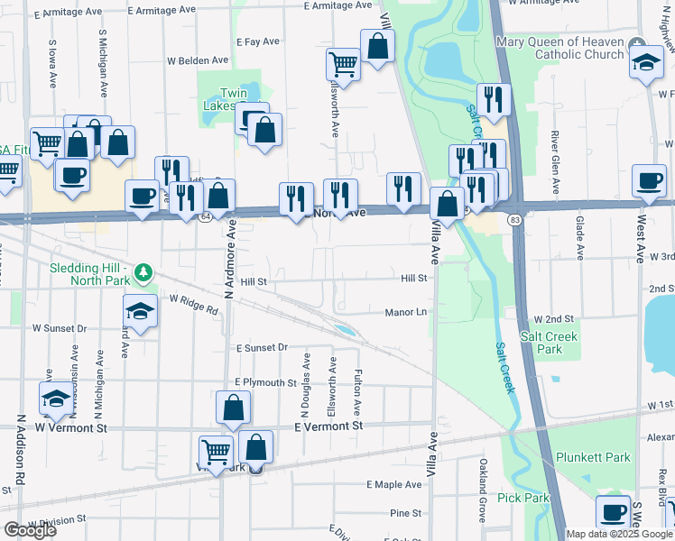 map of restaurants, bars, coffee shops, grocery stores, and more near 17W565 East Schiller Street in Villa Park