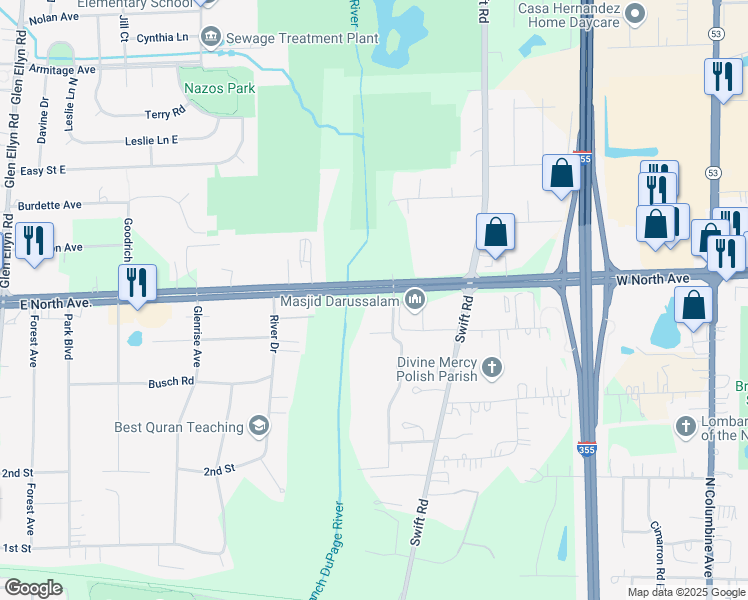 map of restaurants, bars, coffee shops, grocery stores, and more near 21W581 East North Avenue in Lombard