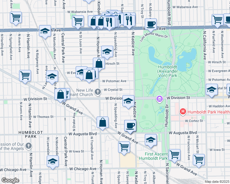 map of restaurants, bars, coffee shops, grocery stores, and more near 3303 West Crystal Street in Chicago