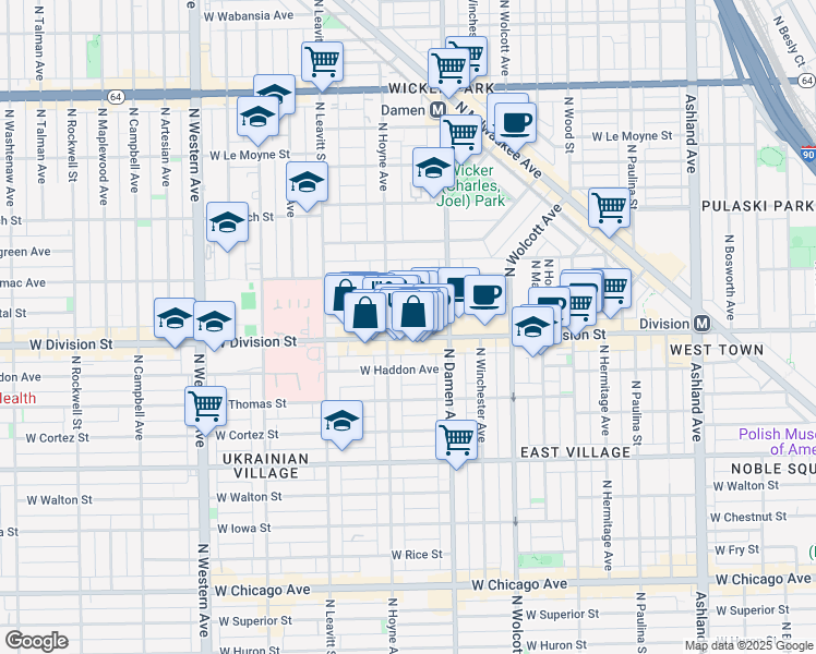 map of restaurants, bars, coffee shops, grocery stores, and more near 1223 North Hoyne Avenue in Chicago