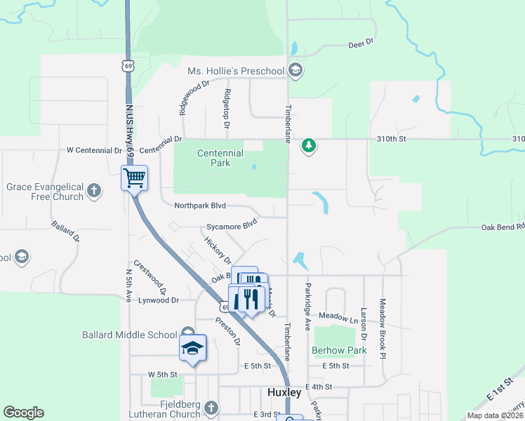 map of restaurants, bars, coffee shops, grocery stores, and more near 905 Park Circle in Huxley