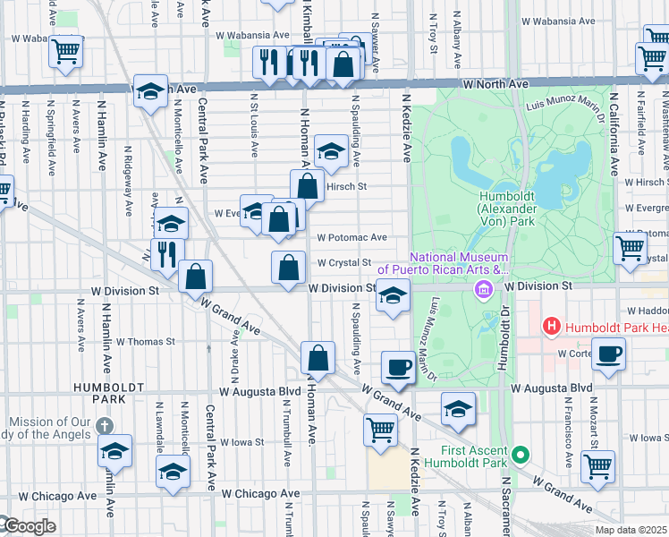 map of restaurants, bars, coffee shops, grocery stores, and more near 3329 West Crystal Street in Chicago