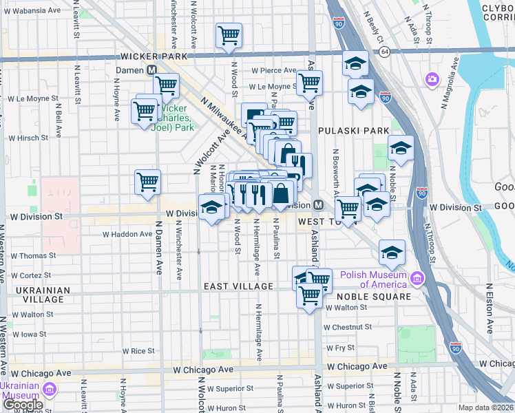 map of restaurants, bars, coffee shops, grocery stores, and more near in Chicago