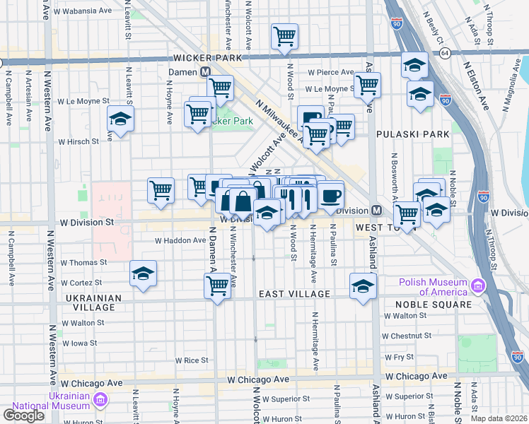 map of restaurants, bars, coffee shops, grocery stores, and more near 1846 West Division Street in Chicago