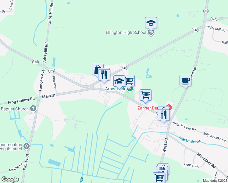 map of restaurants, bars, coffee shops, grocery stores, and more near 49 Main Street in Ellington