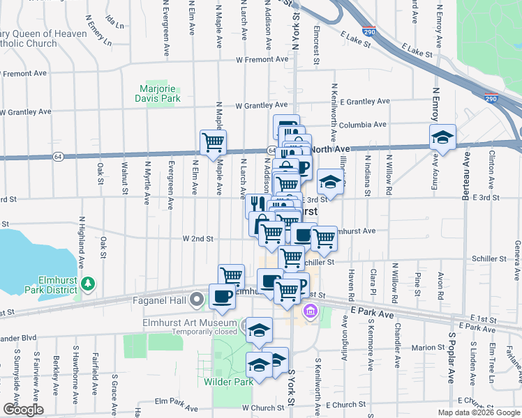 map of restaurants, bars, coffee shops, grocery stores, and more near 210 North Addison Avenue in Elmhurst