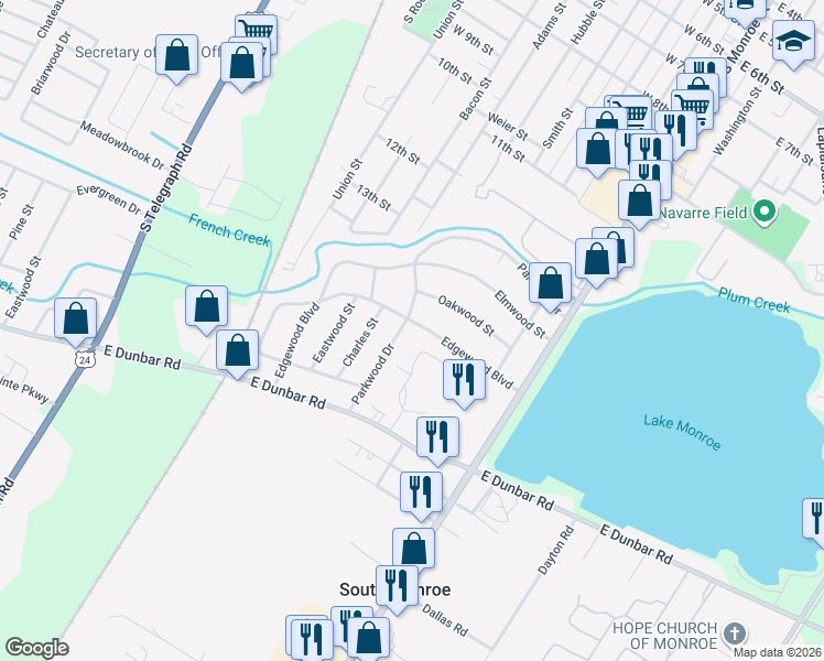 map of restaurants, bars, coffee shops, grocery stores, and more near 5829 Edgewood Drive in Monroe
