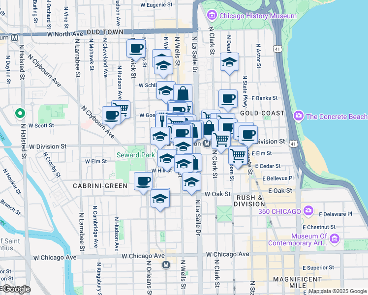 map of restaurants, bars, coffee shops, grocery stores, and more near 1201 North Wells Street in Chicago
