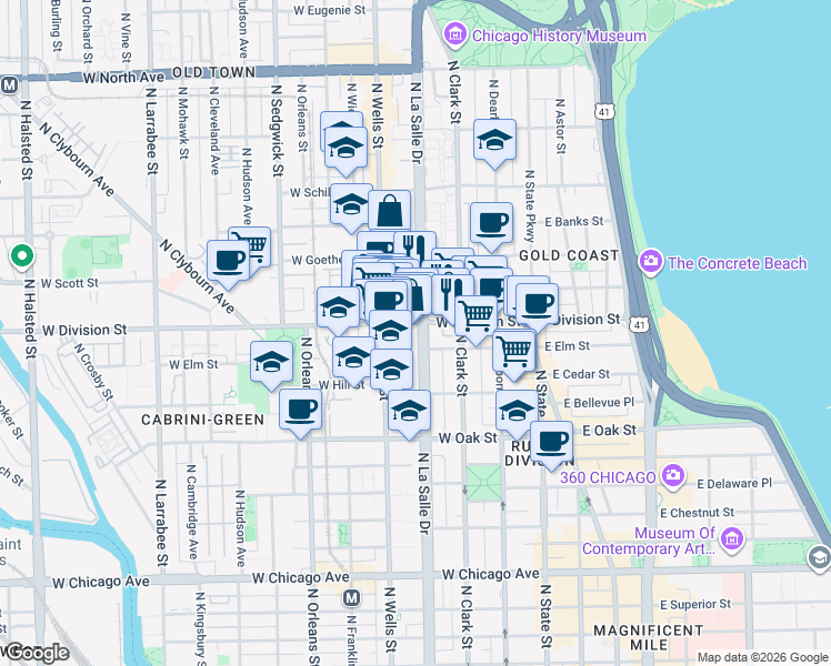map of restaurants, bars, coffee shops, grocery stores, and more near in Chicago