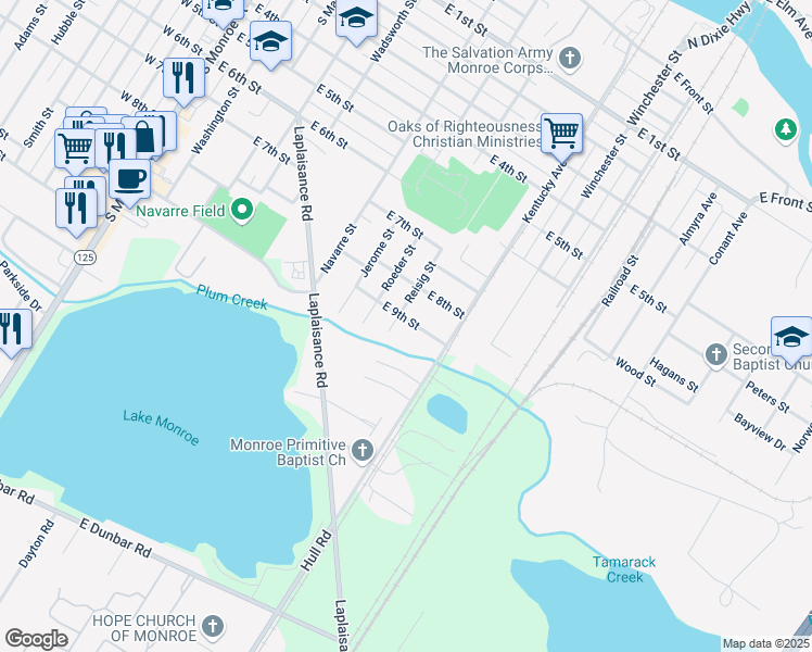 map of restaurants, bars, coffee shops, grocery stores, and more near 835 Reisig Street in Monroe