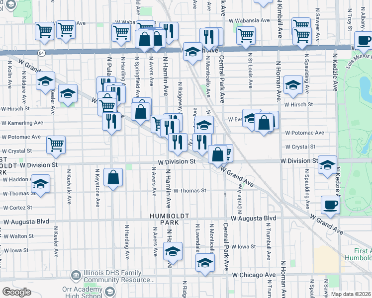 map of restaurants, bars, coffee shops, grocery stores, and more near in Chicago