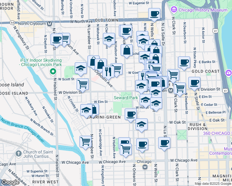 map of restaurants, bars, coffee shops, grocery stores, and more near 464 West Diversey Parkway in Chicago