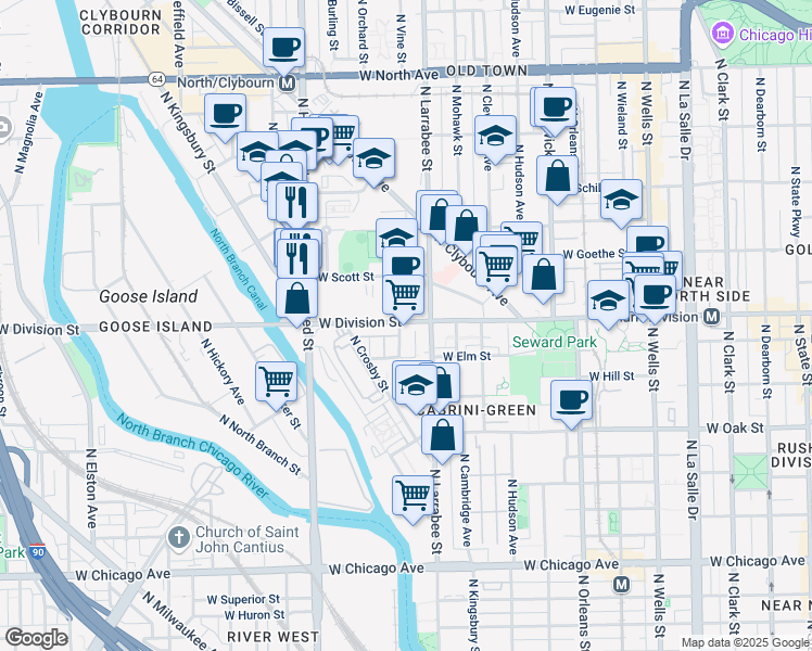 map of restaurants, bars, coffee shops, grocery stores, and more near 623 West Division Street in Chicago