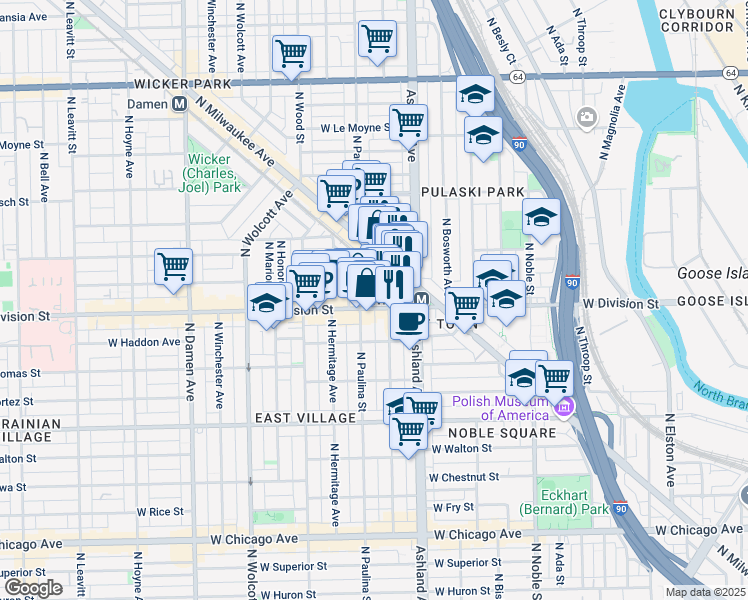 map of restaurants, bars, coffee shops, grocery stores, and more near 1239 West Montana Street in Chicago