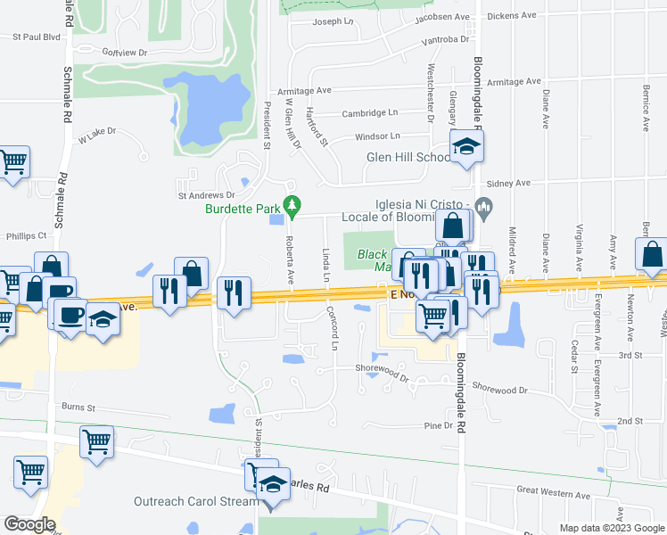 map of restaurants, bars, coffee shops, grocery stores, and more near 2N051 Linda Lane in Carol Stream