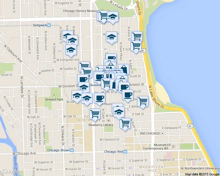 map of restaurants, bars, coffee shops, grocery stores, and more near 21 West Division Street in Chicago