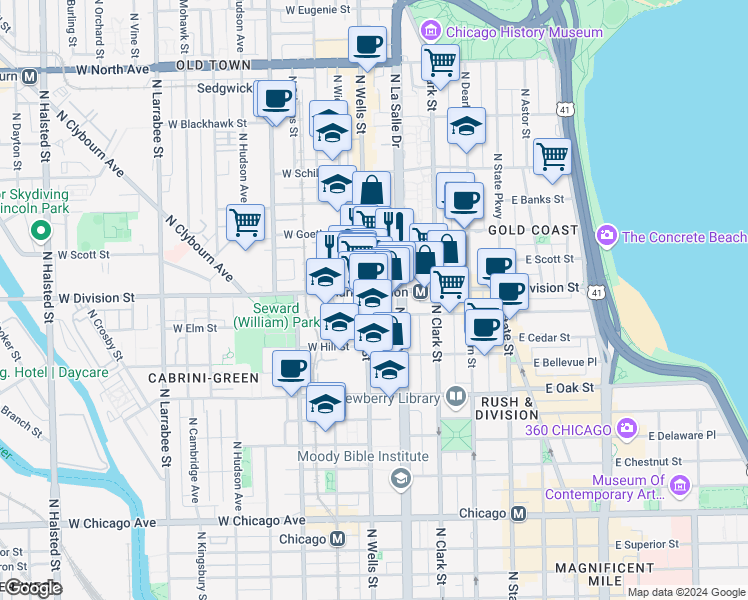 map of restaurants, bars, coffee shops, grocery stores, and more near in Chicago