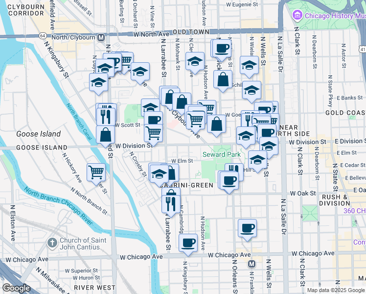 map of restaurants, bars, coffee shops, grocery stores, and more near 510 West Division Street in Chicago