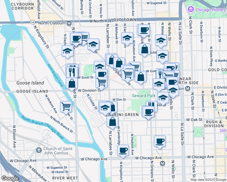 map of restaurants, bars, coffee shops, grocery stores, and more near 510 West Division Street in Chicago