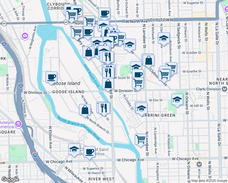 map of restaurants, bars, coffee shops, grocery stores, and more near in Chicago