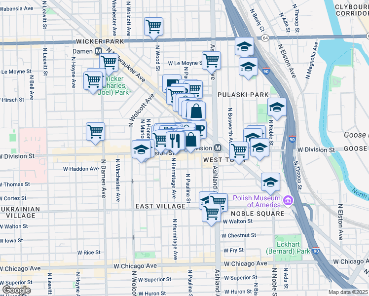 map of restaurants, bars, coffee shops, grocery stores, and more near 1224 North Paulina Street in Chicago