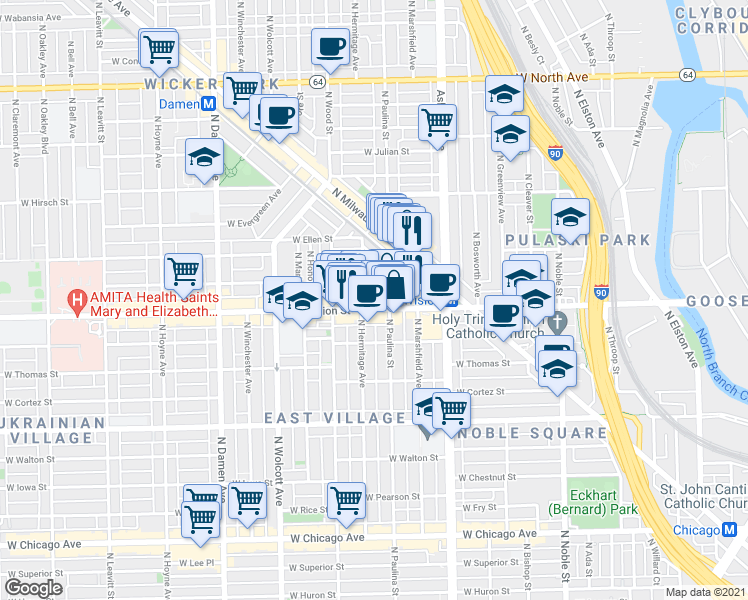 map of restaurants, bars, coffee shops, grocery stores, and more near in Chicago