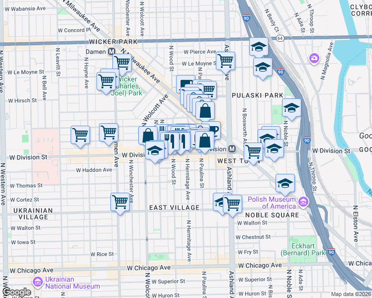 map of restaurants, bars, coffee shops, grocery stores, and more near 1753 West Crystal Street in Chicago