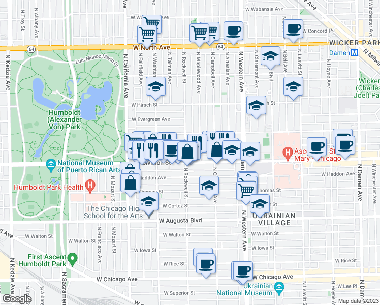 map of restaurants, bars, coffee shops, grocery stores, and more near 1231 North Rockwell Street in Chicago