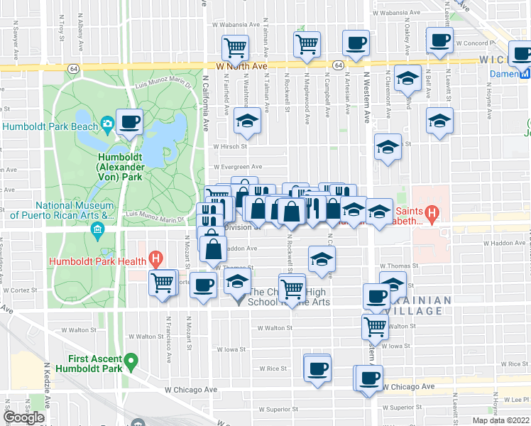 map of restaurants, bars, coffee shops, grocery stores, and more near 2622 West Crystal Street in Chicago