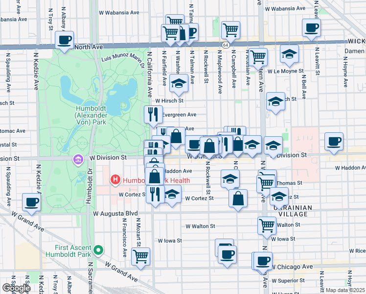 map of restaurants, bars, coffee shops, grocery stores, and more near 1236 North Washtenaw Avenue in Chicago