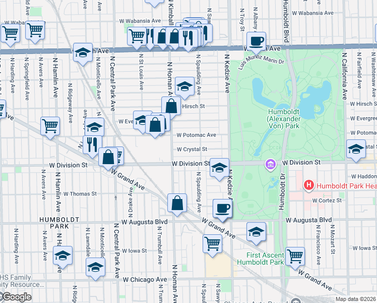 map of restaurants, bars, coffee shops, grocery stores, and more near 3342 West Crystal Street in Chicago