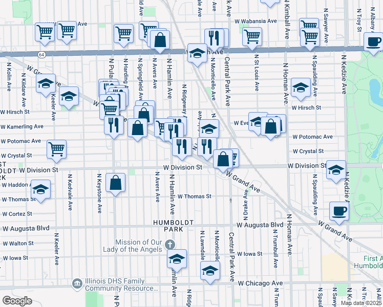 map of restaurants, bars, coffee shops, grocery stores, and more near in Chicago