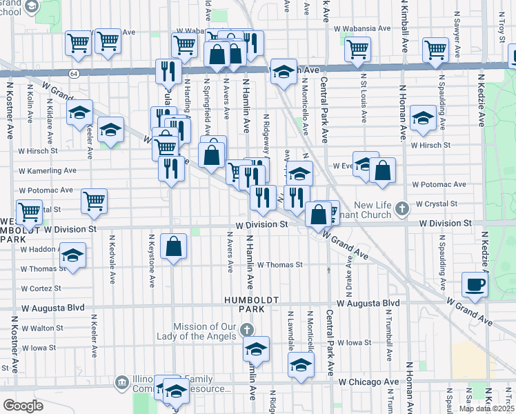 map of restaurants, bars, coffee shops, grocery stores, and more near in Chicago