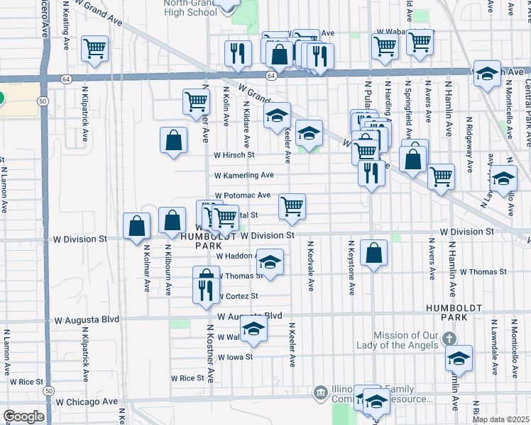 map of restaurants, bars, coffee shops, grocery stores, and more near 4221 West Potomac Avenue in Chicago