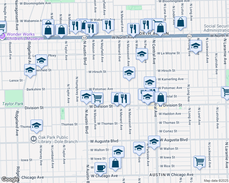 map of restaurants, bars, coffee shops, grocery stores, and more near 1300 North Menard Avenue in Chicago