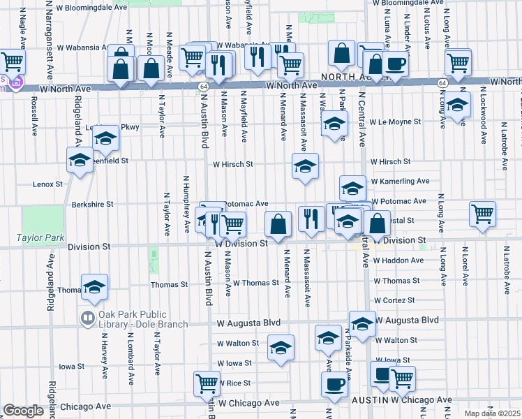 map of restaurants, bars, coffee shops, grocery stores, and more near 1301 North Mayfield Avenue in Chicago