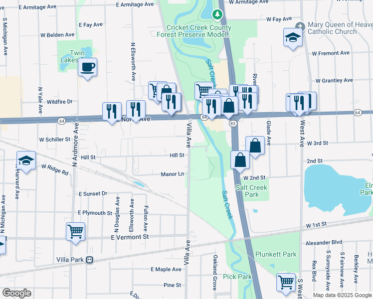 map of restaurants, bars, coffee shops, grocery stores, and more near 724 Villa Avenue in Villa Park