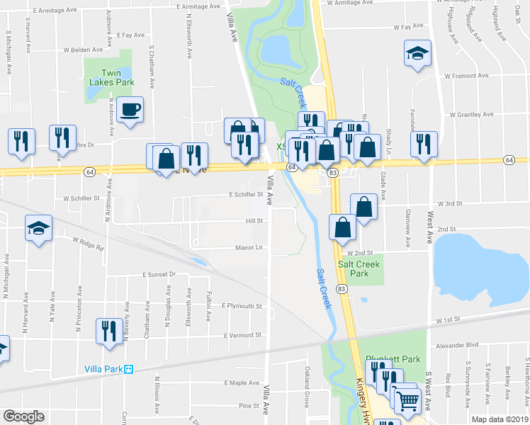 map of restaurants, bars, coffee shops, grocery stores, and more near 724 Villa Avenue in Villa Park