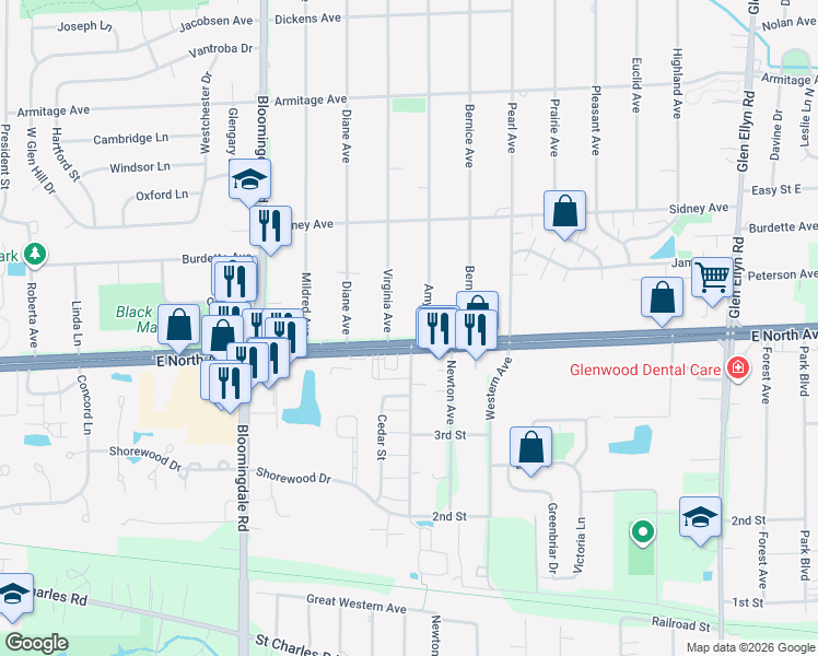 map of restaurants, bars, coffee shops, grocery stores, and more near 23W160 North Avenue in Glen Ellyn