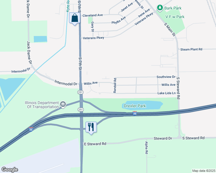 map of restaurants, bars, coffee shops, grocery stores, and more near 410 Willis Avenue in Rochelle
