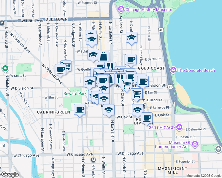 map of restaurants, bars, coffee shops, grocery stores, and more near 1160 North LaSalle Street in Chicago