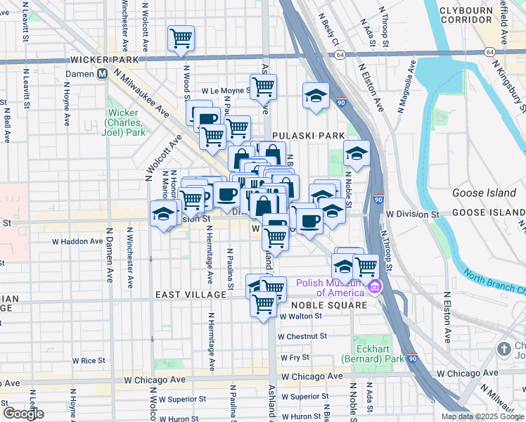 map of restaurants, bars, coffee shops, grocery stores, and more near 1209 North Milwaukee Avenue in Chicago