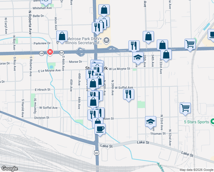 map of restaurants, bars, coffee shops, grocery stores, and more near 1711 North 40th Avenue in Stone Park