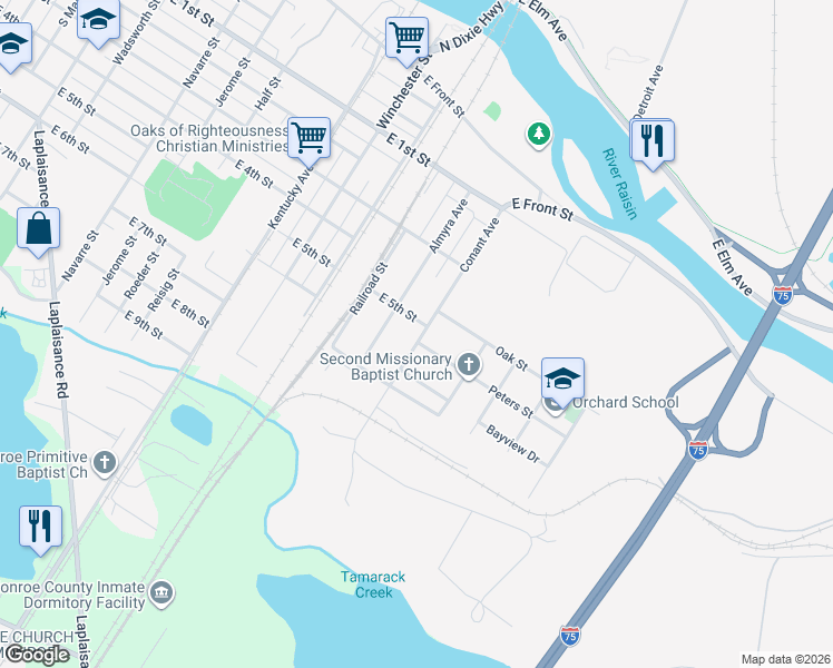 map of restaurants, bars, coffee shops, grocery stores, and more near 414 Conant Avenue in Monroe