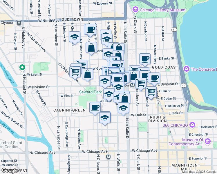 map of restaurants, bars, coffee shops, grocery stores, and more near in Chicago
