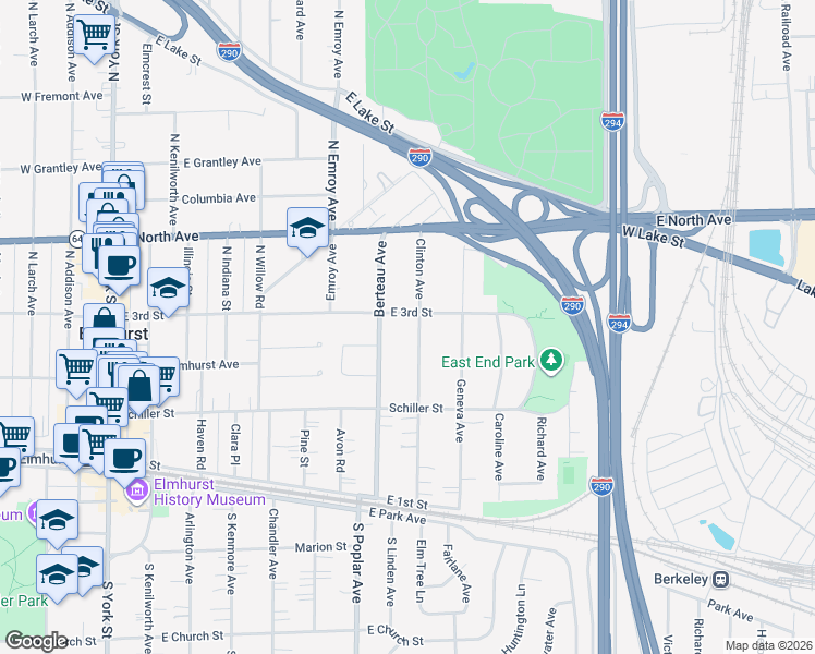 map of restaurants, bars, coffee shops, grocery stores, and more near 252 Clinton Avenue in Elmhurst