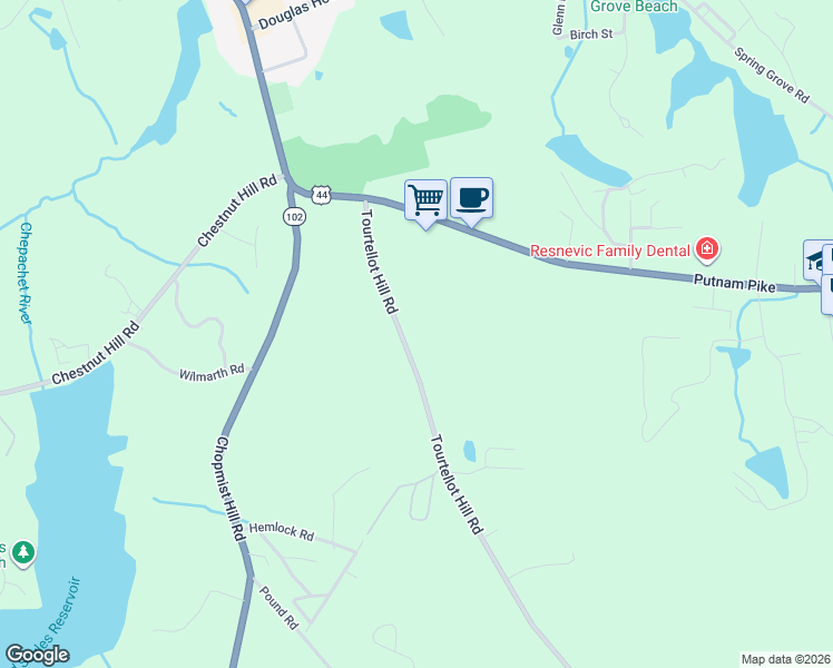 map of restaurants, bars, coffee shops, grocery stores, and more near 58 Tourtellot Hill Road in Glocester