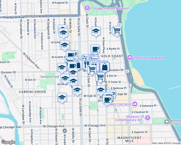 map of restaurants, bars, coffee shops, grocery stores, and more near in Chicago