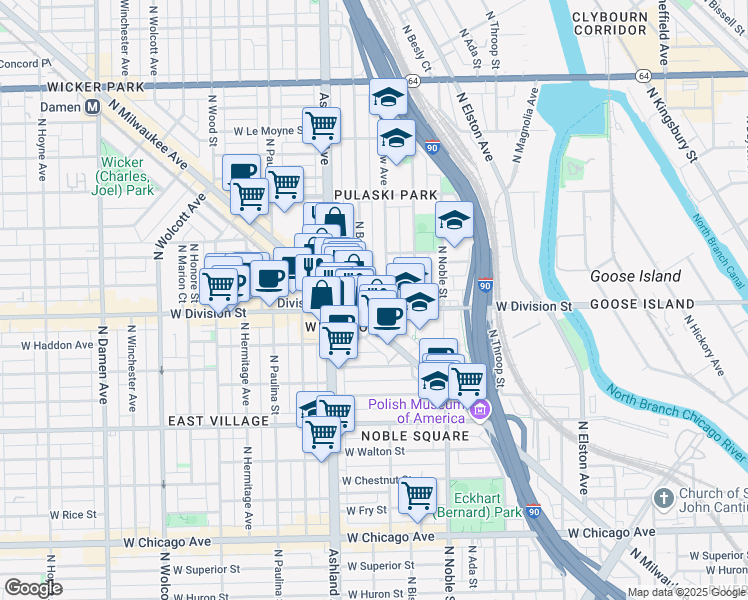 map of restaurants, bars, coffee shops, grocery stores, and more near 1219 North Bosworth Avenue in Chicago